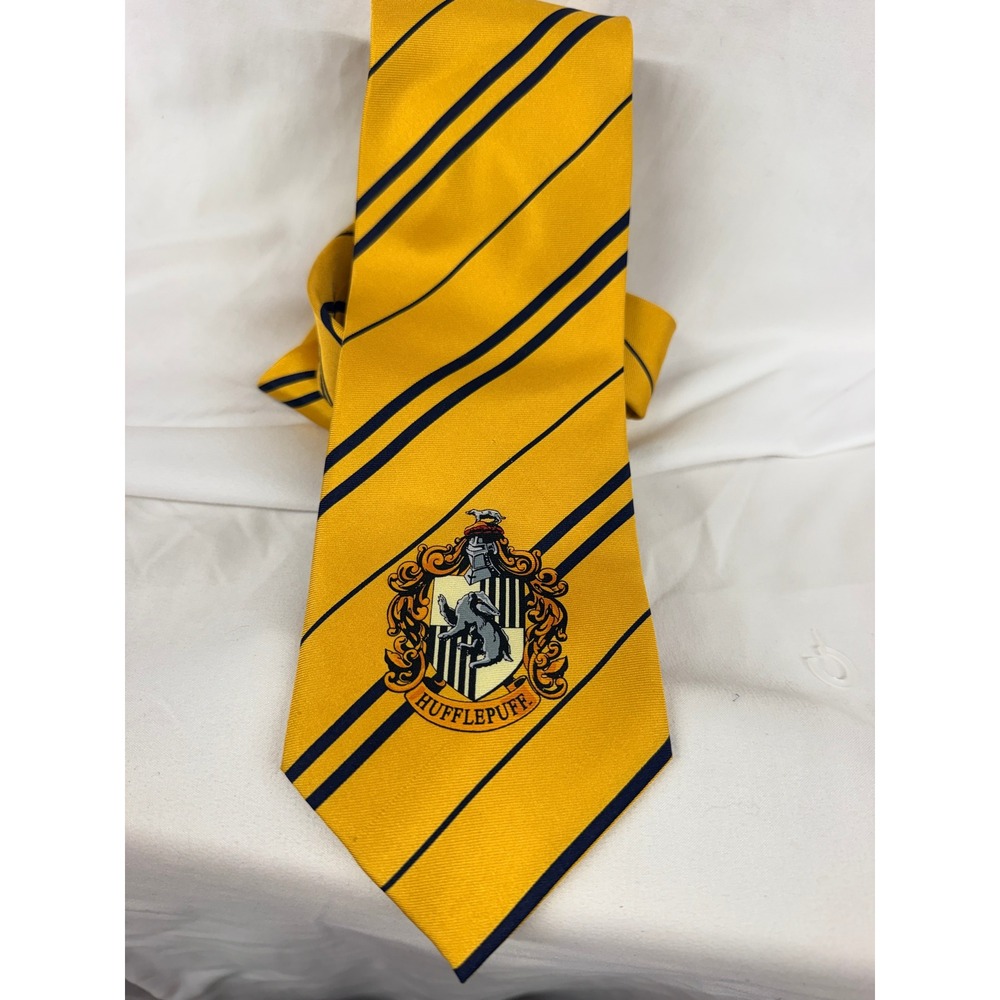Harry Potter Hufflepuff Silk Necktie Yellow Navy Striped Elope Warner Bros Crest